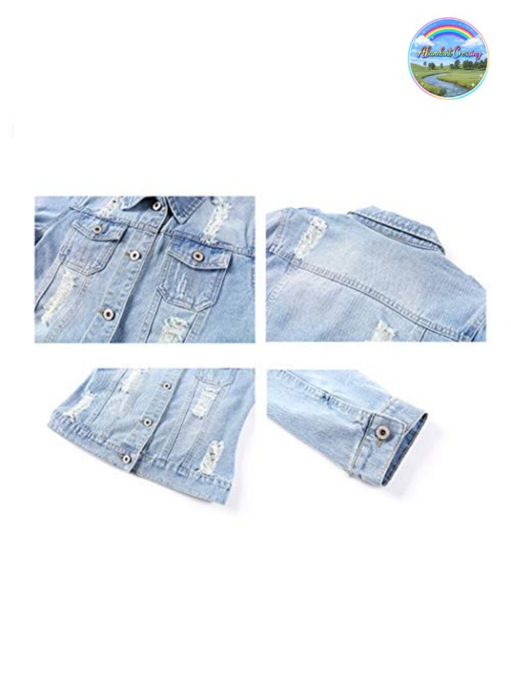 Women's 3/4 Sleeve Cropped Denim Jacket Distressed Button Front - Picture 4 of 6